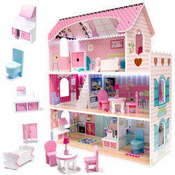 Duży drewniany domek 70cm dla lalek + mebelki Różowy