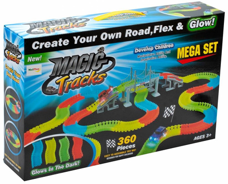 Tor samochodowy dla dzieci kolorowy Magic Track z 2 samochodami 360 elementy