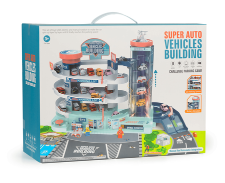 Duży garaż Parking Tor samochodowy z samochodami dla dzieci 3-poziomy Winda 5 autek