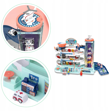 Duży garaż Parking Tor samochodowy z samochodami dla dzieci 3-poziomy Winda 5 autek