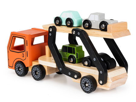 Drewniana ciężarówka laweta samochodowa dla dzieci 4 autka samochodziki tir samochód Ecotoys