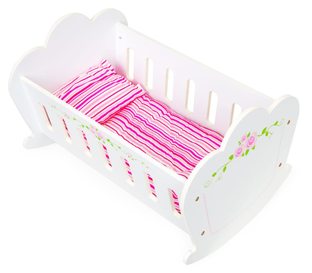 Drewniana kołyska dla lalek białe łóżeczko poduszka materac Ecotoys