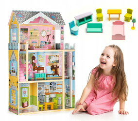 Duży drewniany domek dla lalek Rezydencja Bel Air winda mebelki dla dzieci Ecotoys F0404