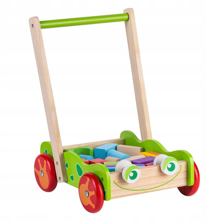 Drewniany wózek Chodzik Pchacz dla dzieci z zestawem 20 klocków ECOTOYS "Żabka"