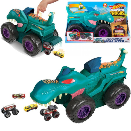 Hot Wheels Monster Truck Mega Wrex dinozaur pożeracz aut dla dzieci + samochodzik