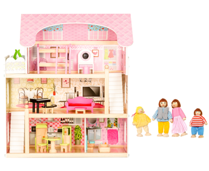 Duży drewniany domek dla lalek Rezydencja Bajkowa schody mebelki 4 lalki Ecotoys