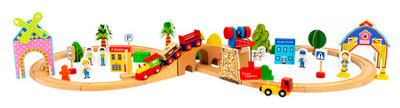 Drewniana kolejka pociąg tory akcesoria autka 78 elementów Ecotoys HM008999