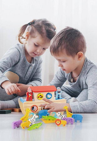 Drewniany sorter zabawka edukacyjna dla dzieci Arka Noego zwierzęta 16 figurek Ecotoys