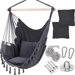 Hamak brazylijski krzesło fotel huśtawka drewniany stelaż 2 poduszki ciemny szary + zestaw montażowy montaż hak sufitowy śruby łańcuch