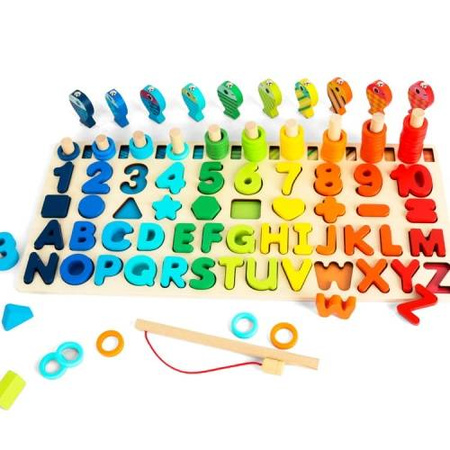 Zabawka montessori drewniane cyferki literki gra rybki 