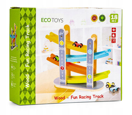 Drewniany tor edukacyjny dla dzieci Zjeżdżalnia dla samochodów 4 autka Ecotoys SAWT093-3