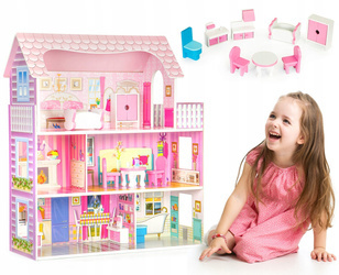 Duży drewniany domek dla lalek Rezydencja Różana mebelki różowy Ecotoys F0373