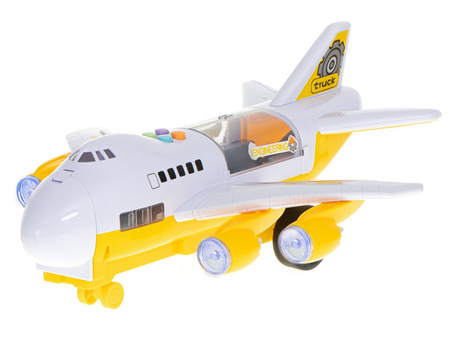 Duży otwierany samolot transporter z zestawem samochodów budowlanych i znakami dla dzieci