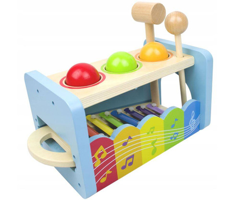 Drewniana zabawka dla dzieci wbijak sensoryczny z młoteczkiem cymbałki 2w1