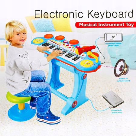Niebieskie elektroniczne organki dla dzieci pianinko keyboard mikrofon stołek taboret