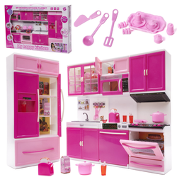 Duży zestaw dla lalek Interaktywna kuchnia z mebelkami Piekarnik Mikrofalówka Światło LED 20 elementów