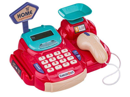 Sklepowa kasa fiskalna dla dzieci koszyk akcesoria czytnik waga malinowa