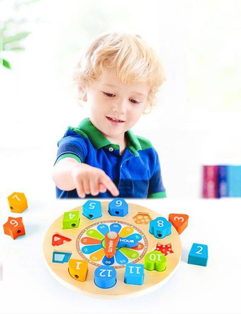 Edukacyjny drewniany zegar sorter dla dzieci świecący 3w1