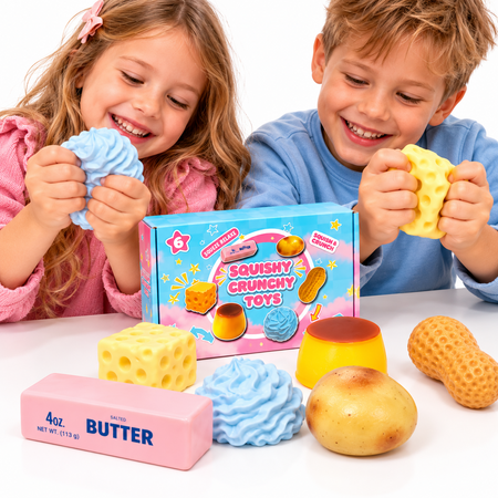 Gniotki dla dzieci zestaw gniotków box 6 elementów ser masło ziemniak śmietana pudding orzeszek