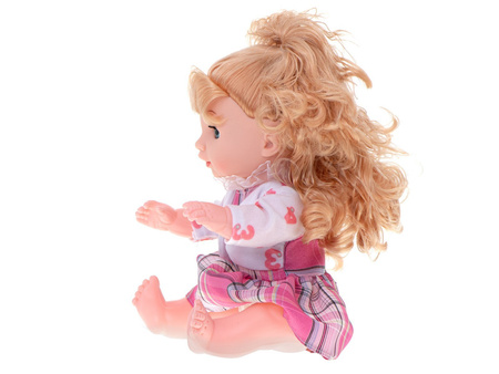 Interaktywna lalka Ala w sukience z wózkiem wydająca dźwięki Sika Pije 7 akcesoriów