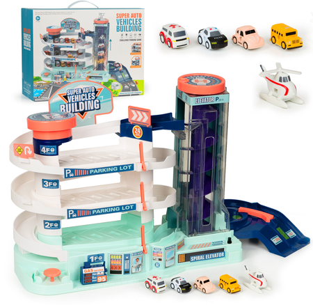 Duży garaż Parking Tor samochodowy z samochodami dla dzieci 3-poziomy Winda 5 autek