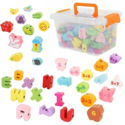 Zestaw edukacyjny drewniane klocki do nawlekania dla dziecka literki cyferki zwierzątka