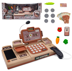 Duża edukacyjna sklepowa kasa fiskalna dla dzieci Akcesoria Kalkulator Waga Skaner 25 elementów brązowa
