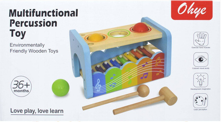Drewniana zabawka dla dzieci wbijak sensoryczny z młoteczkiem cymbałki 2w1