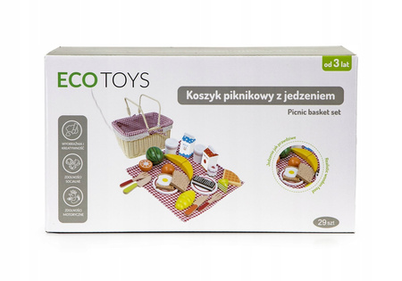 Drewniane jedzenie do krojenia owoce warzywa Zestaw piknikowy dla dzieci w koszyku ECOTOYS