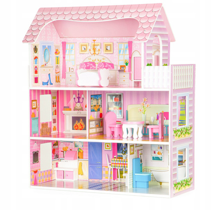 Duży drewniany domek dla lalek Rezydencja Różana mebelki różowy Ecotoys F0373