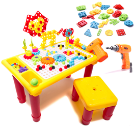 Stolik edukacyjny dla dzieci Puzzle i klocki do układania Wiertarka 296 elementów