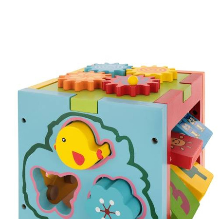 Edukacyjna drewniana kostka sensoryczna dla dzieci sorter kształtów suwak