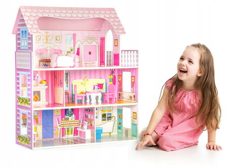 Duży drewniany domek dla lalek Rezydencja Różana mebelki różowy Ecotoys F0373