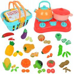Zabawkowy zestaw kosz piknikowy dla dziecka warzywa naczynia kuchenka