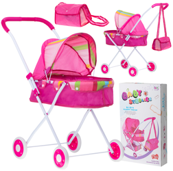 Metalowy wózek dla lalek Gondola Spacerówka Torebka Składany różowy 56cm