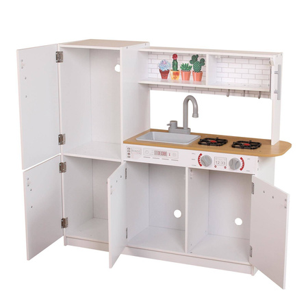 Drewniana zabawkowa kuchnia dla dzieci z lodówką, mikrofalą i akcesoriami światło LED