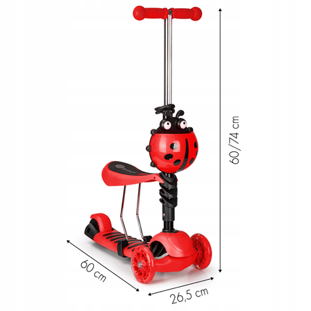 Hulajnoga z siedziskiem dla dzieci trójkołowa jeździk 3 koła kauczuk LED Ecotoys YM-SC-6 RED