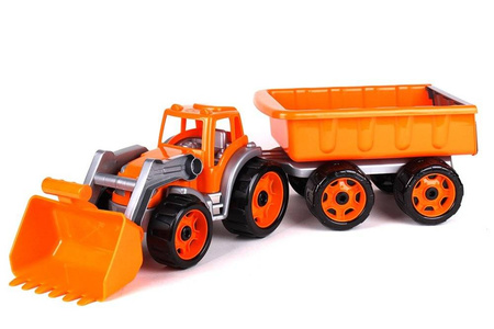 Maszyna budowlana traktor koparka z łyżką i przyczepą pomarańczowy 