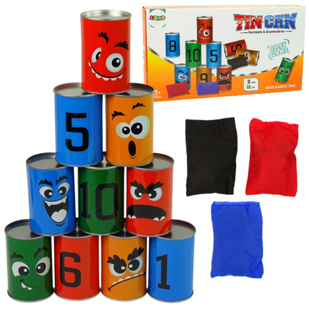 Gra zabawa zręcznościowa dla dzieci rzut do celu puszki z woreczkami