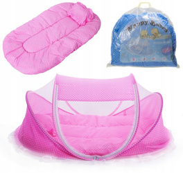 Składane łóżeczko turystyczne dla dzieci moskitiera mata różowe 3w1