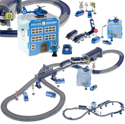 Duża kolejka elektryczna Pociąg policyjny z wagonami dla dzieci 4 samochody Helikopter 92 elementy 300cm