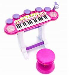 Różowe organki dla dzieci zabawkowy keyboard pianinko z krzesełkiem stołek mikrofon