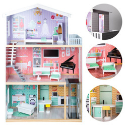 Duży drewniany domek dla lalek z mebelkami dla dzieci pastelowe kolory 117 cm