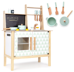 Drewniana kuchnia kuchenka z tablicą dla dzieci przybory kuchenne efekty Ecotoys CA12092