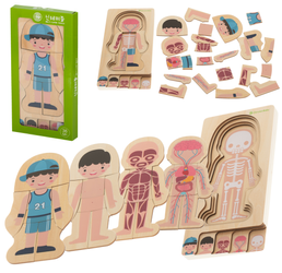 Drewniane puzzle edukacyjne dla dzieci warstwowe Budowa ciała Anatomia człowieka Montessori chłopiec