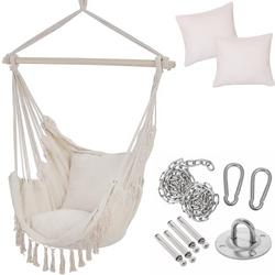 Hamak brazylijski krzesło fotel huśtawka z poduszkami ecru beżowy + zestaw montażowy hak sufitowy łańcuch