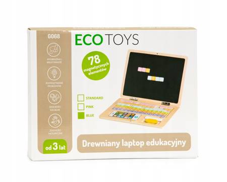 Drewniany laptop edukacyjny dla dzieci Tablica magnetyczna z kredą Ecotoys G068 - BLUE