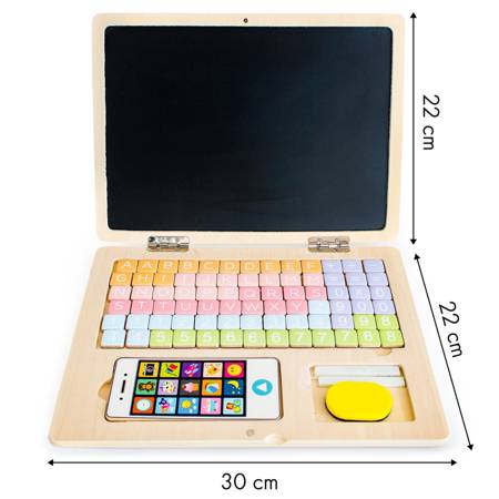 Drewniany laptop edukacyjny dla dzieci Tablica magnetyczna z kredą Ecotoys G068 - BLUE