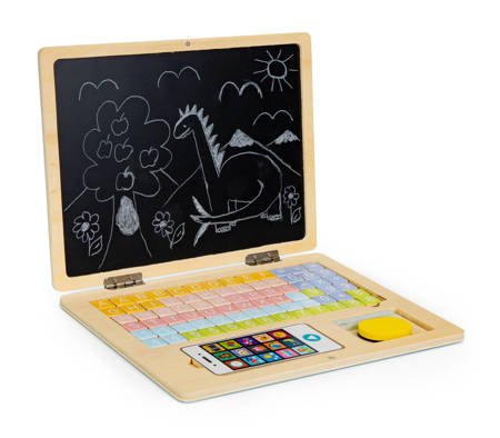 Drewniany laptop edukacyjny dla dzieci Tablica magnetyczna z kredą Ecotoys G068 - BLUE