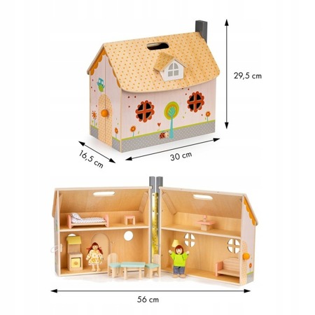 Drewniany otwierany domek dla lalek kuchnia pokój mebelki Ecotoys